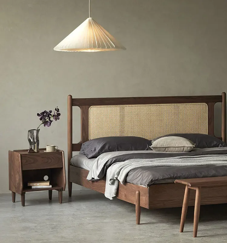 Modernes minimalist isches festes Bett nach Hause neue chinesische schwarze Walnuss Rattan Bett Retro Doppelbett kleine Wohnung