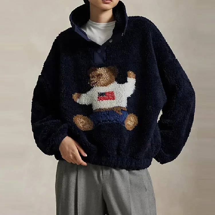 

Autumn Winter Soft Cartoon Bear Lamb Jacket for Women Stand Neck Long Sleeve Loose Coat 2025 New Lady Warm Thick Outwears