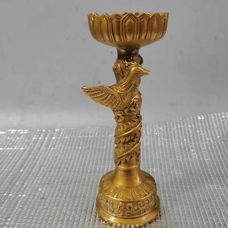 Antique vintage items: a pair of pure copper candlesticks with dragon phoenix motifs, home and office desk decorative crafts
