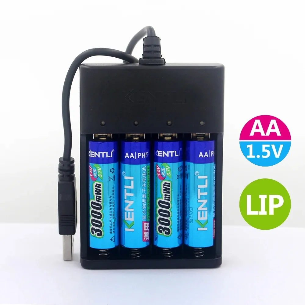 KENTLI 1.5v 3000mWh nessun effetto di memoria aa batteria ricaricabile ai polimeri di litio agli ioni di litio + caricatore USB a 4 slot