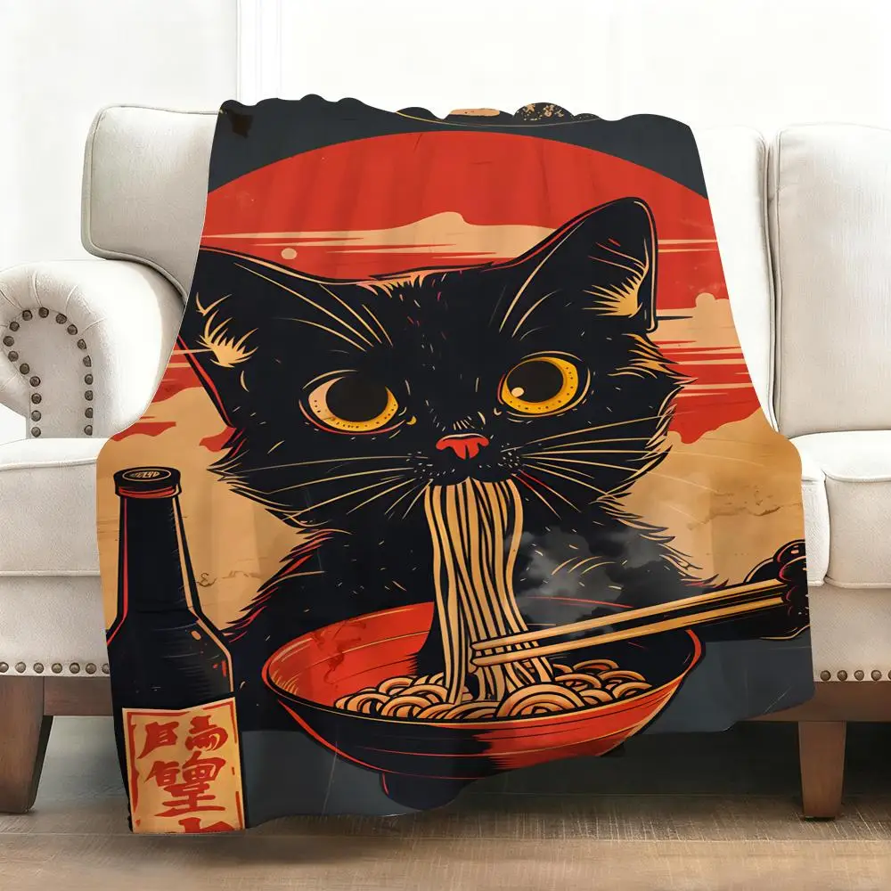 Black Cat Ramen Überwurf, weiche Flanelldecke, warmes Knie, hautfreundlicher Überwurf für Sofa, Büro, Bett, Reisen, Winter, Übergröße