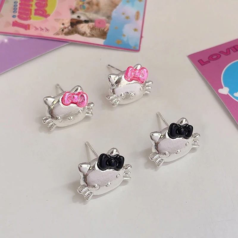 1Pair Kawaii Sanrio Hello Kitty Earrings Cute Cartoon Stud Earrings For Women Girls Trendy Party Jewelry Accessories Gift