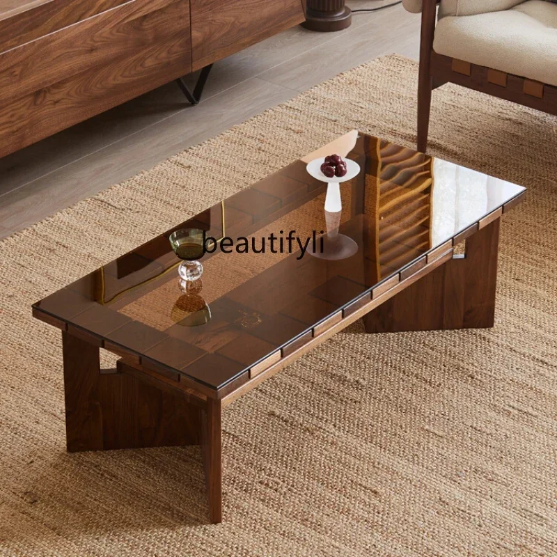 

North America Black Walnut Wooden Tea Table Solid Wood Glass Rectangular Double Layer Tea Table Nordic