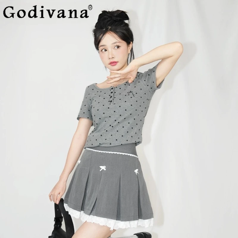 

Summer New Ballet Korean College Style Versatile Pleated Skirt Girls Sweet Bow Lace High Waist A-line Age-reducing Gray Skirts