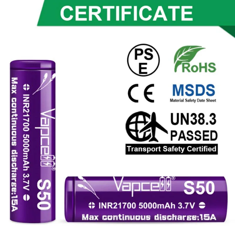 Original Vapcell S50 INR 21700 Battery Rechargeable Lithium-ion Batteries 5000mAh 15A High Discharge Battery For Power Tools Toy