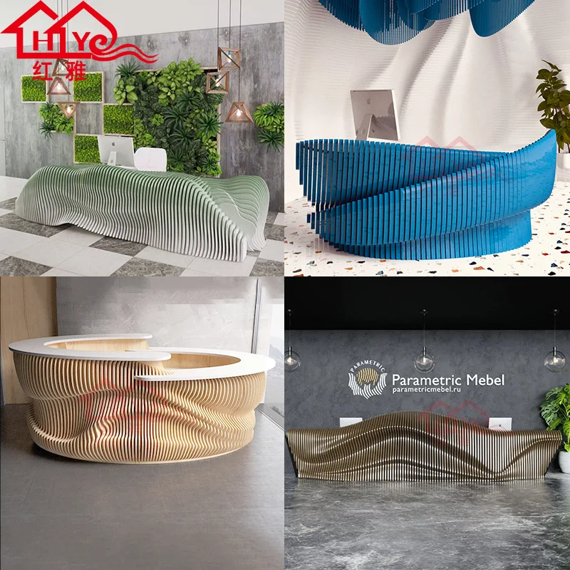 Creative: Curved bar, solid wood slice, front desk, special-shaped wave reception desk, welcome desk, B&B, office building table