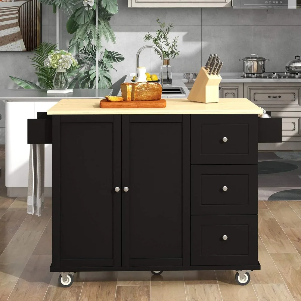 Kitchen Storage Cabinet Cart with Drop Leaf Extends, Rolling Mobile Dining Island Trolley，(Black)，Kitchen Islands & Trolleys