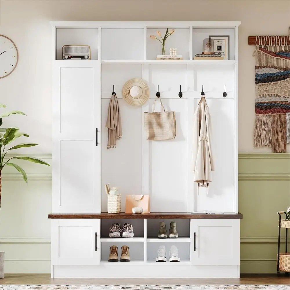 

3-in-1 Walnut Hall Tree with 6 Hooks, Storage Bench with Adjustable Shelves, 55 W Entryway Coat Rack for Mudroom and Living Room