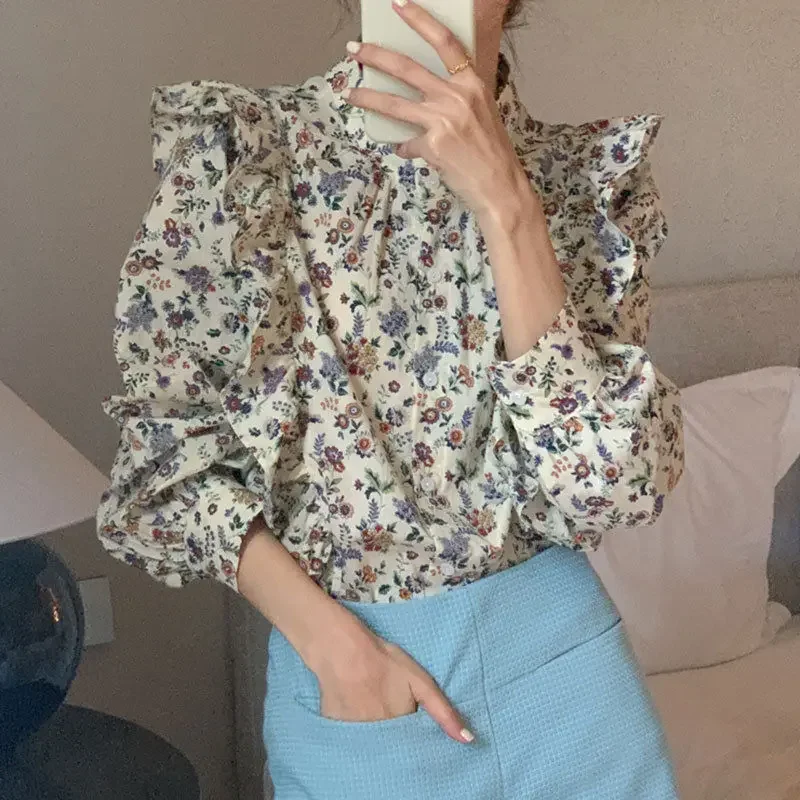 Camisa de manga abombada con volantes y costuras estampadas para mujer, Tops holgados con cuello levantado coreano Chic para mujer, blusa dulce Vintage de primavera