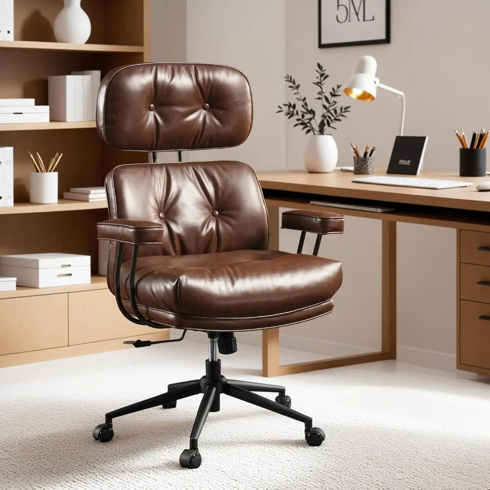 Ergonomic Home Office Chair, Mid-Century Modern Leather Chair with Lumbar Support, High Back Swivel Rolling Executive Chair