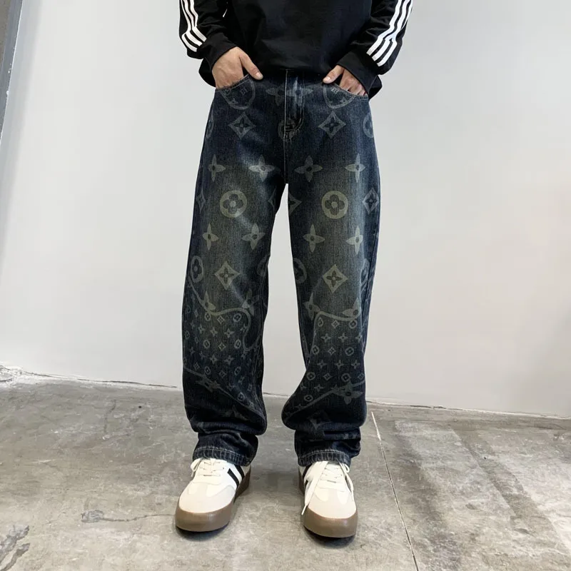 Light luxury printing design trendy jeans men's street American retro fashion brand loose straight washed mop trousers