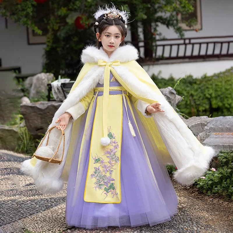 

Girls Fairy Hanfu With Cloak Children Winter Warm Embroider Tang Suit Dress Kids Birthday Gift Chinese New Year's Clothing