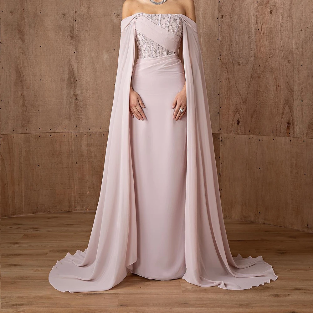 Temperament Chiffon Straight Crystal Evening Dress Graceful Long Sleeves Boat Neck Floor Length فساتين سهره نسائيه فخمة