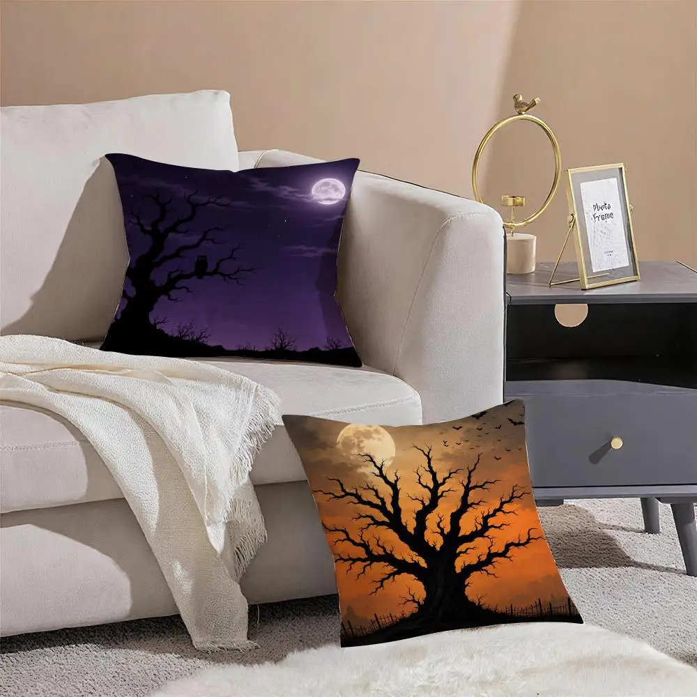 H-Halloween Dead Tree Silhouette Cushion Cover Throw Pillow Cover Hidden Button Durable Polyester Chair Cushion