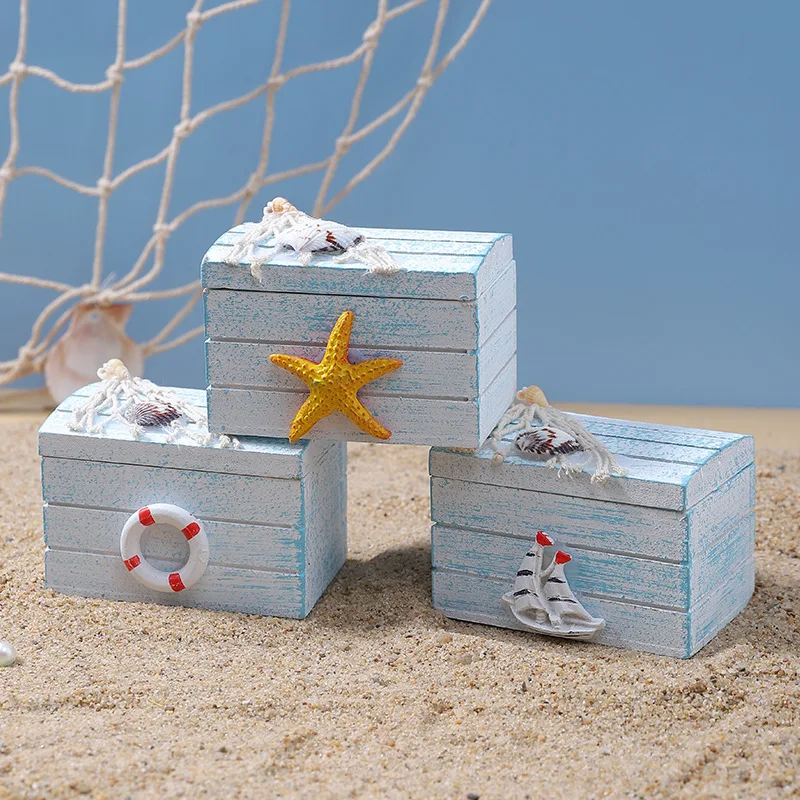 Mediterranean Wooden Mini Treasure Box Ocean Theme Jewelry Storage Desktop Decor