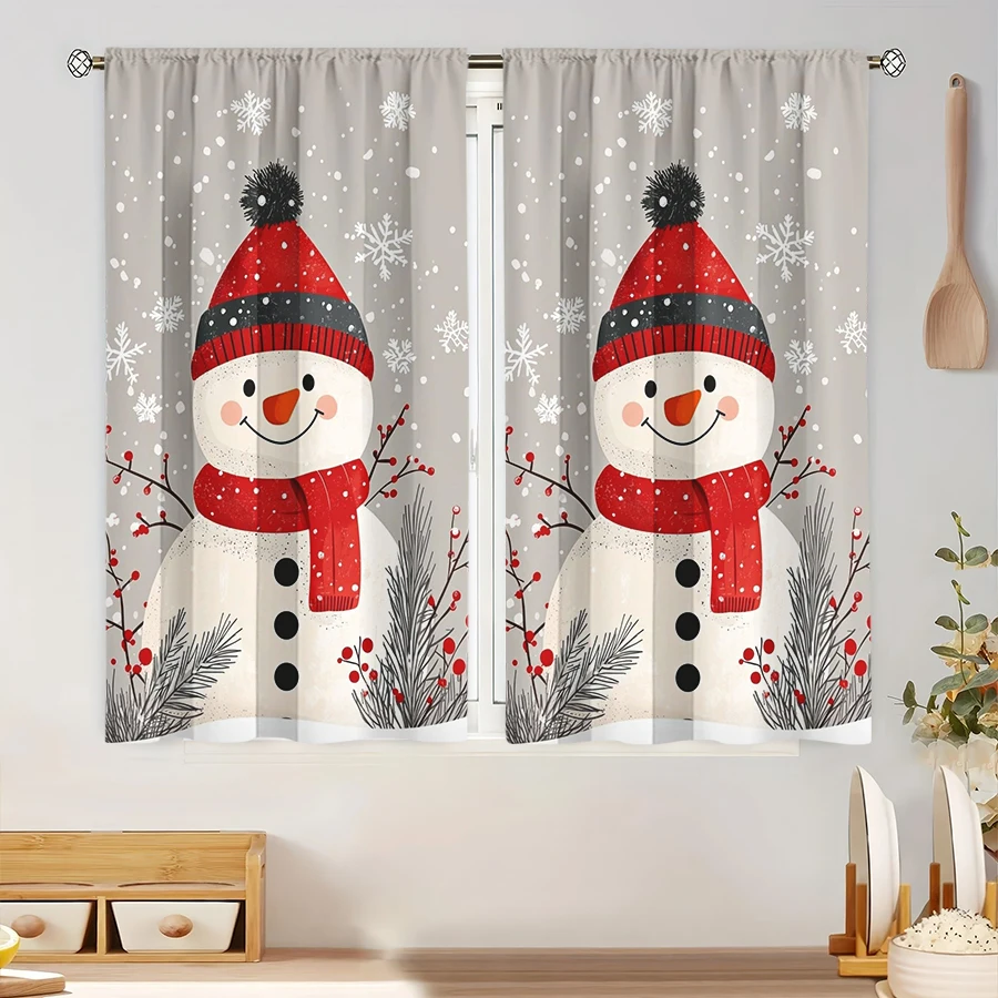 2PCS Digital Print Curtain, Snowman with Red Hat and Scarf, Red Berries and Pine Branches on Gray, Cute Winter, for Window Decor