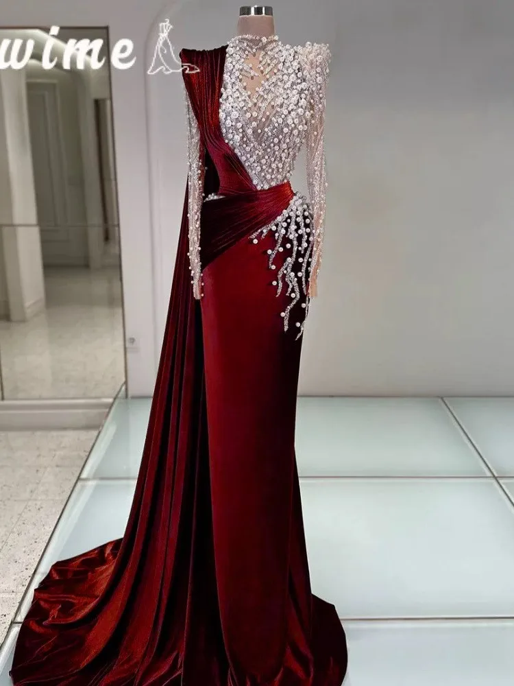 

Wine red velvet beaded pearl carpet performance photo birthday dress