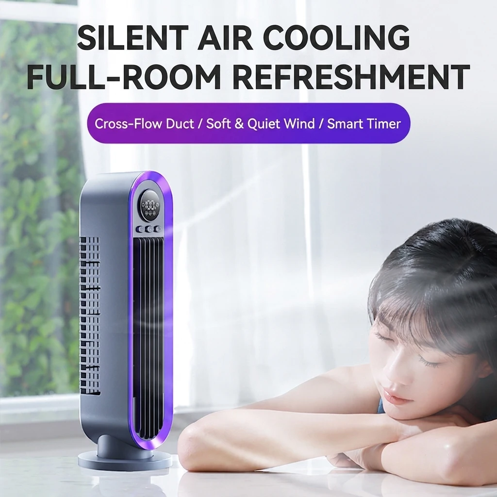 Portable Tower Fan 90° Rotation 3 Wind Speeds 8H Timer Quiet Desk Floor Fan with LED Screen Shockproof Base for Home Dormitory