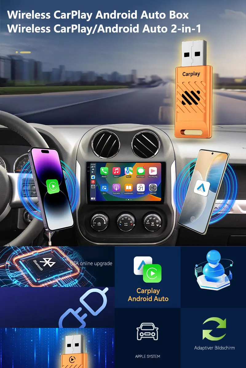 Wireless CarPlay Android Auto Adapter for Factory Car Stereos Plug and Play Stable Connection Low Latency with OEM Car Systems