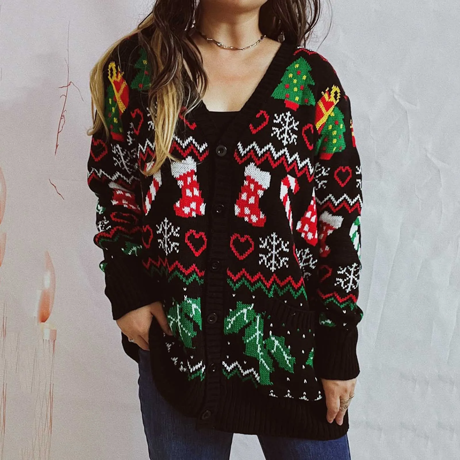 

Knitted Christmas Sweater Jacket Tops Women's 2024 Winter Snowflake Xmas Cardigan Keep Warm Outerwear Coat Female Clothing