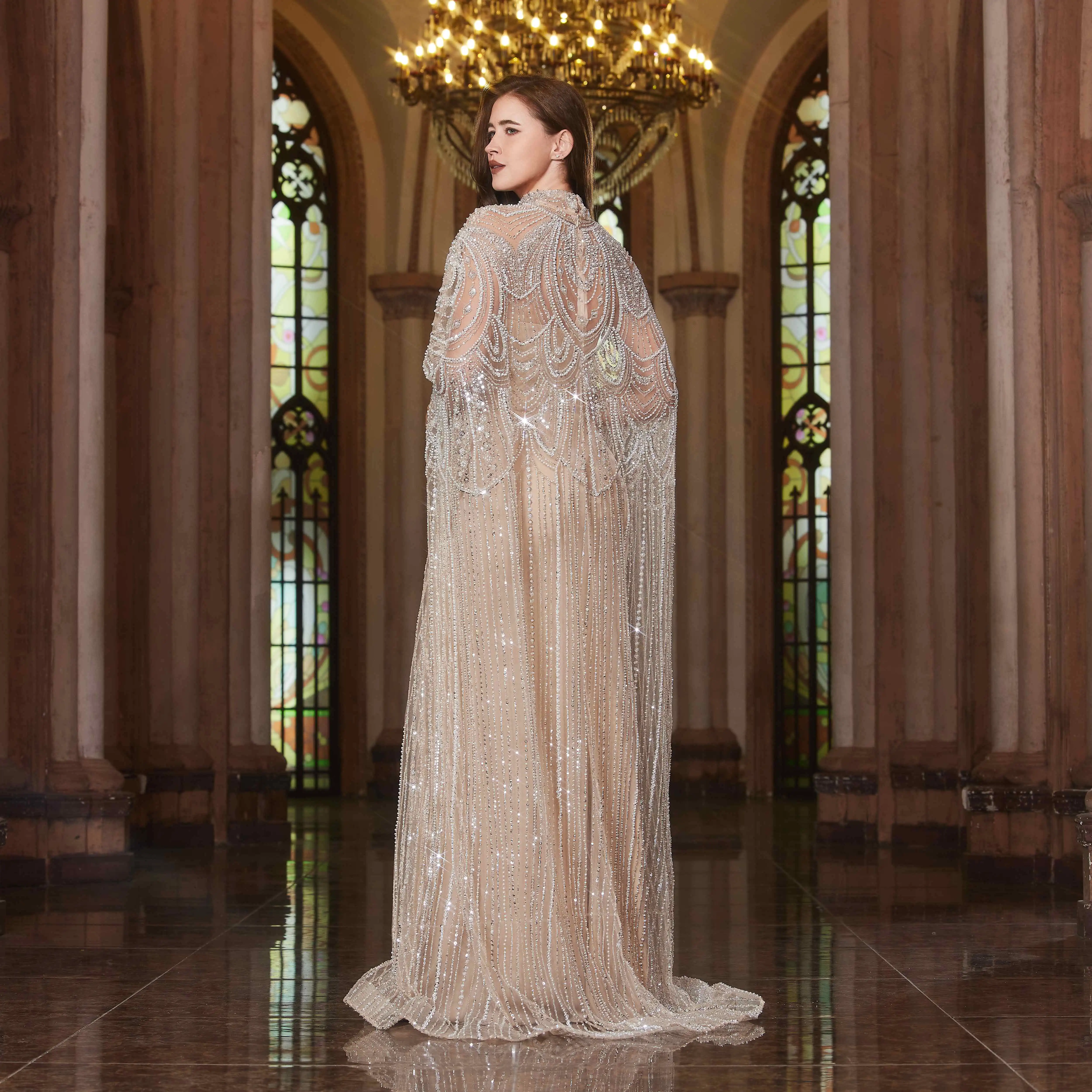 Alice CollectionPro Nude Luxurious Women's Evening Dresses  2025 with Cape Elegant Wedding Party Dress Customized image 3