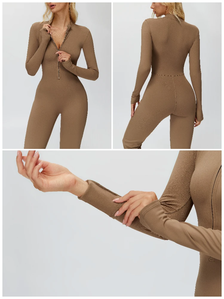 VITALINOVO Damen-Overall mit langen Ärmeln, Flare-Workout-Overall, Reißverschluss, Strampler, Hose, weites Bein, Ganzkörper-Body, figurbetont, einteilig – Detail 1