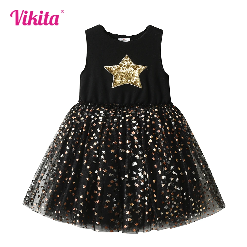 

VIKITA Girls Star Sequined Appliqued Dress Girls Sleeveless Summer Dresses Kids Black Shiny Fashion Elegant Birthday Party Dress