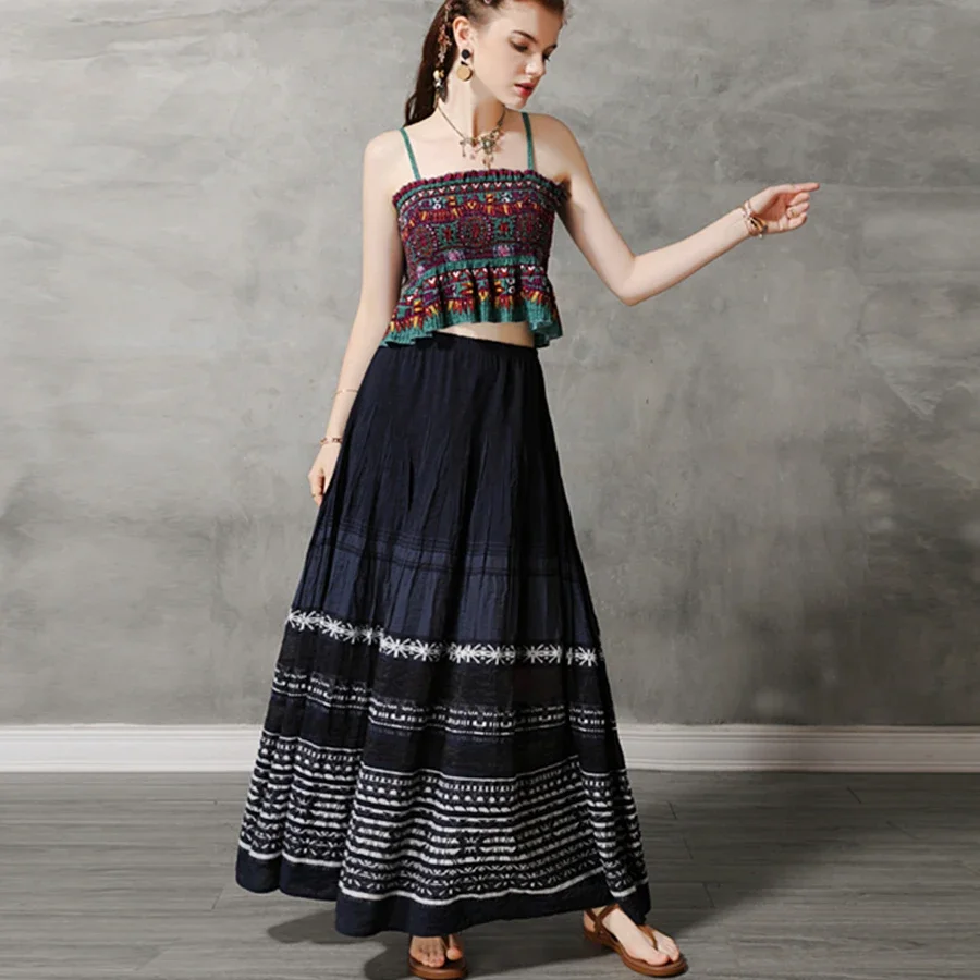 Pleated Maxi skirt for women Navy cotton Floral Embroidery beach summer skirt gypsy A-line Elastic waist long boho skirts Falda