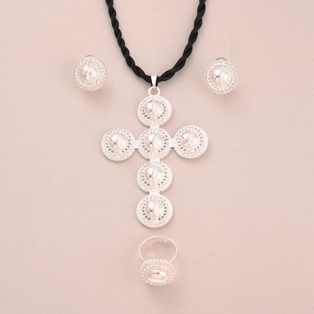 Tai Chi Pattern Silver Plated Vintage Dubai African Cross Jewelry Set Women Men Charms Necklace Earrings Wedding  Gifts