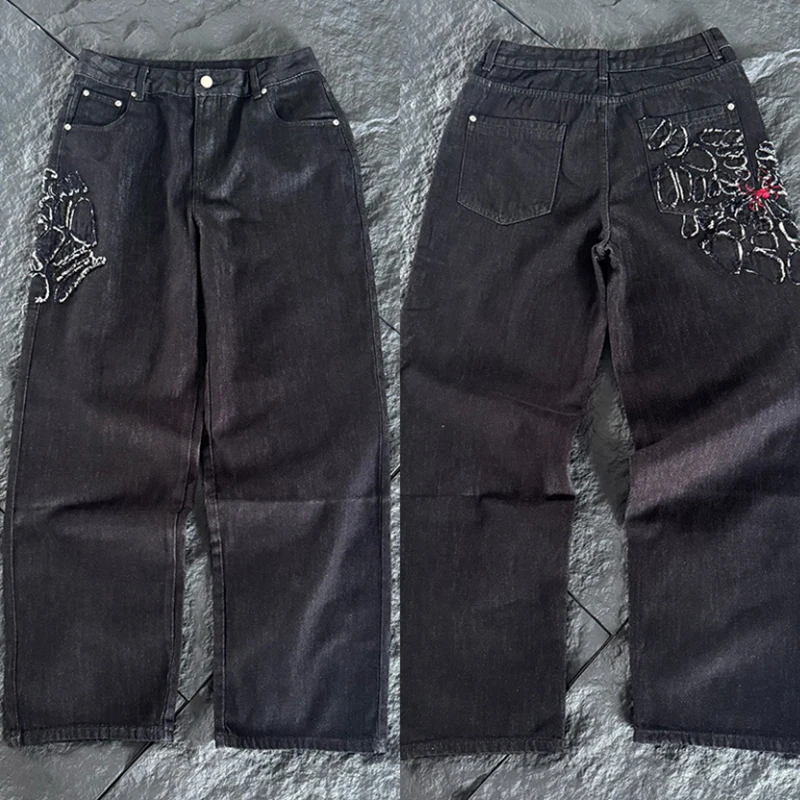 DERSCHUTZE Men Casual Denim Trousers Black Wash Spider Embroidery Raw Edge Patch Straight Leg Jeans
