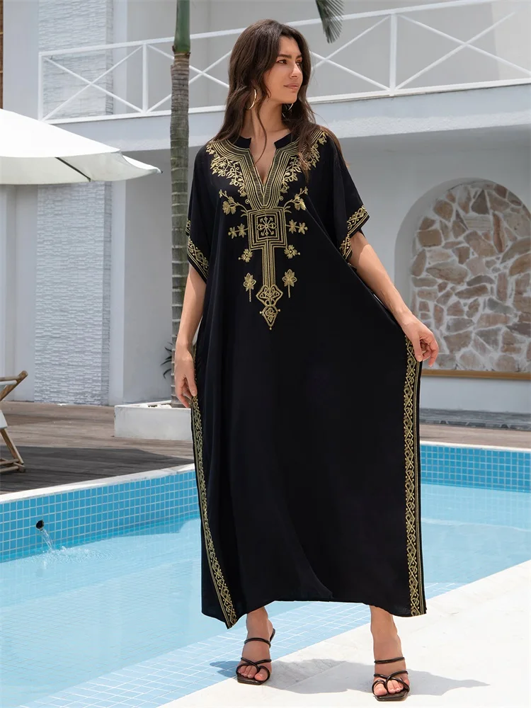 Złoto haftowane w stylu Vintage luźny szlafrok 2024 damski czarna długa sukienka Plus Size turecki Kaftan strój kąpielowy na wakacje