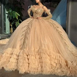 Brilliant Champagne Quinceanera Dress Gold Applique Ball Gown Bead Formal Ruffle Graduation Gowns Vestidos De 15 Años Customized