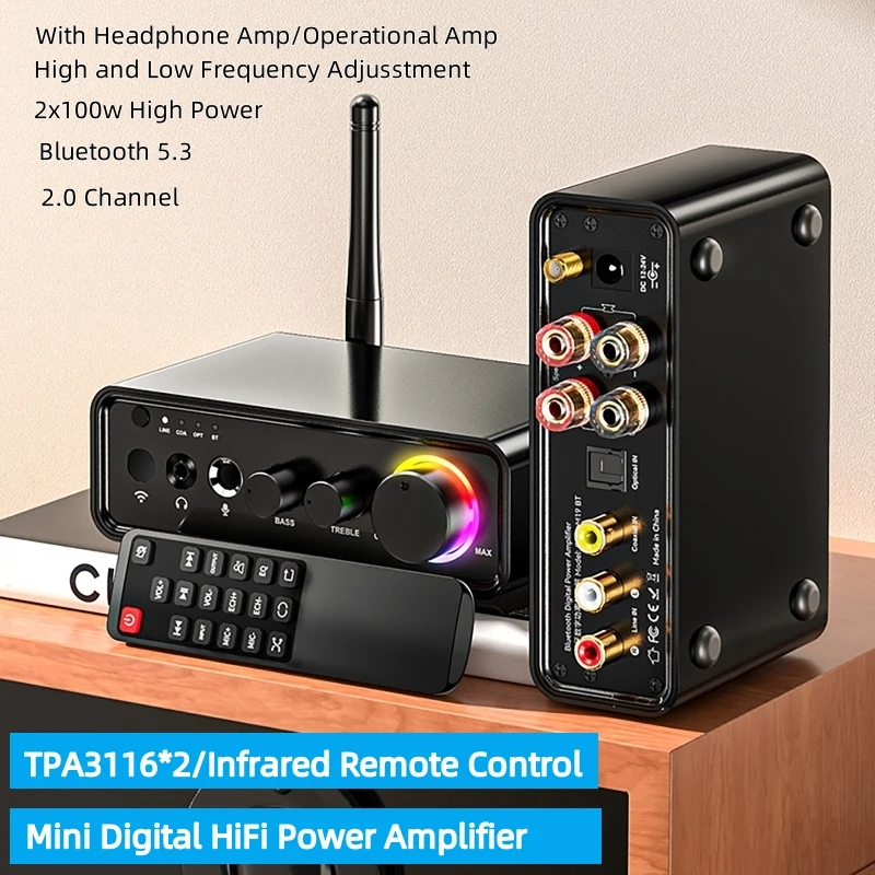 

Home Bluetooth 5.3 Mini TPA3116D2 Class D Power Amplifier 2.0 Audio Amplifier 100Wx2 200W with Microphone Optical Coaxial Input