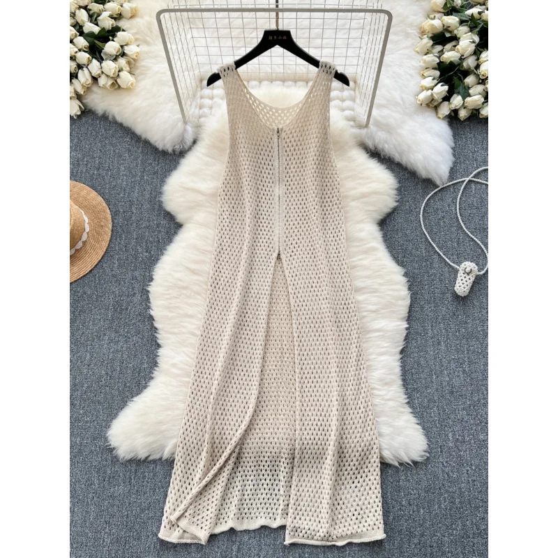 INS Frauen Sommer gestrickt schick Reißverschluss Boho sexy Split Tank langes Kleid lässig aushöhlen elegante Tunika Strand Urlaub Kleid