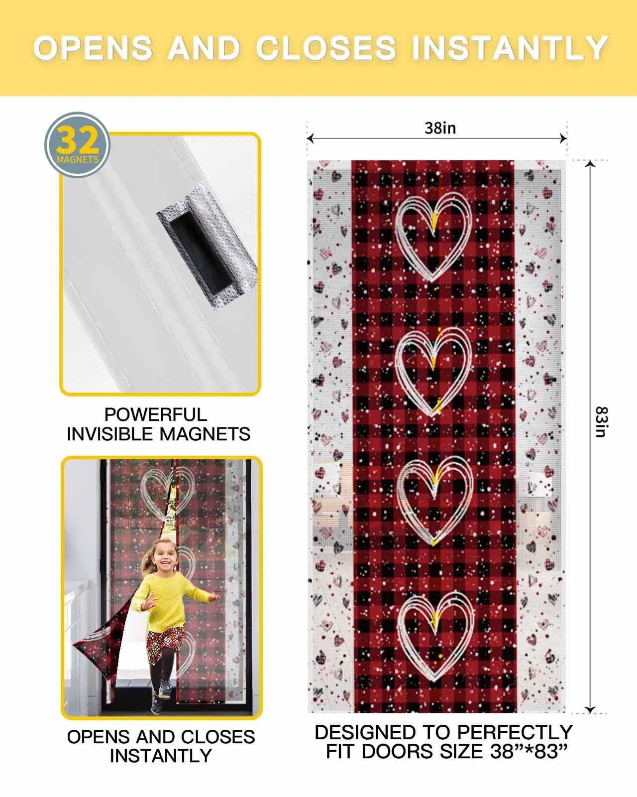 Valentine'S Day Hearts Plaid Summer Magnetic Door Curtain Living Room Bedroom Home Anti-mosquito Screen Door Curtain