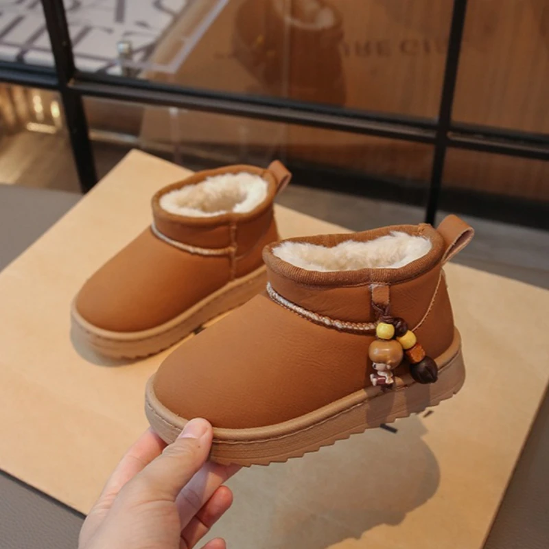 Fashion Girls Shoes 2025 Winter New Kids Snow Boot Retro Versatile Girl Thick Bottom Ankle Boots Anti Slip Child Cotton Shoe