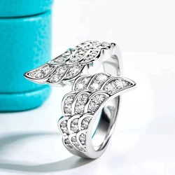 Huitan Asymmetric Design Angel Wing Ring Lady Silver Color Shiny Zirconia Finger Accessories Fashion Luxury Jewelry for Party