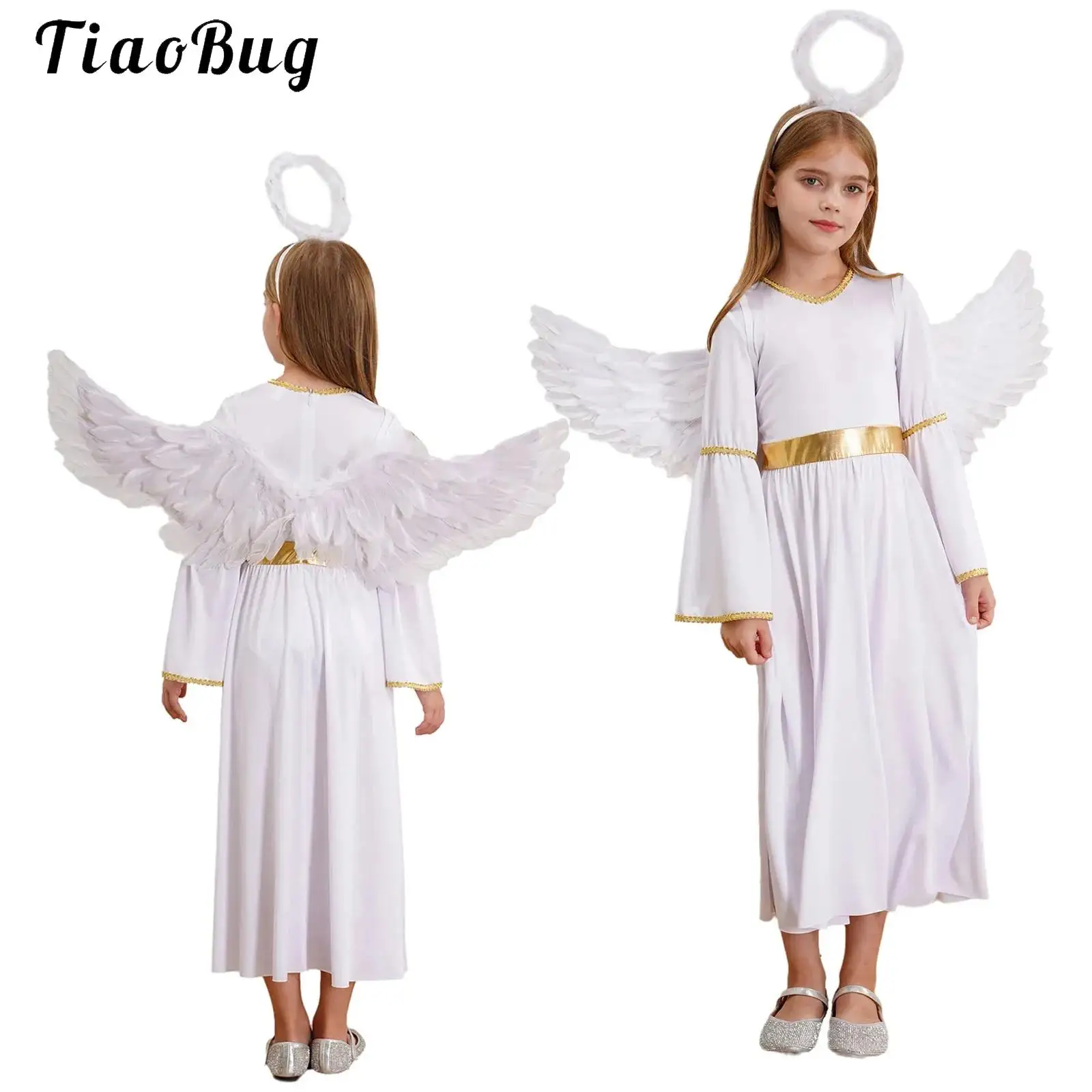 White Angel Costume for Girls Princess Greek God Robe Fairy Cosplay Maxi Dress with Feather Wings Set Halloween Party Dress Up