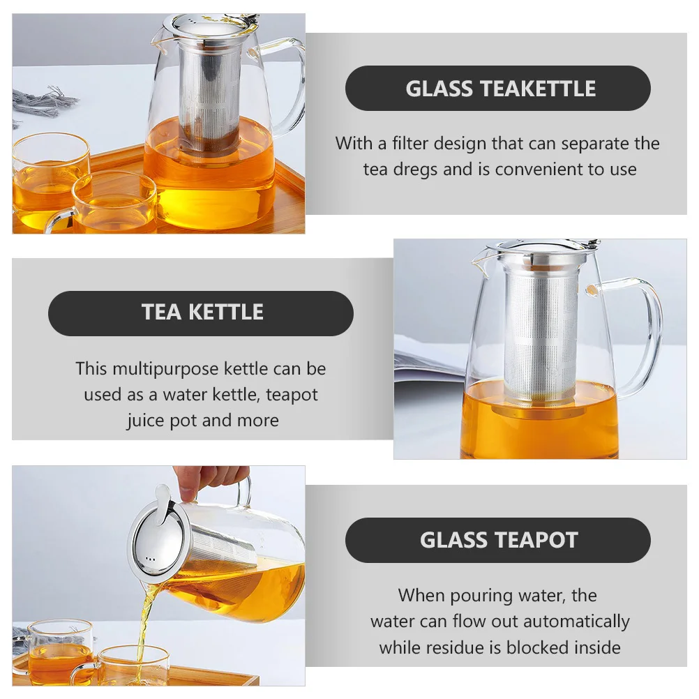

1Pcs Glass Kettle 1250ml Large Capacity Drainer Tea Kettle Multipurpose Water Pot for Kitchen Dining Office Glass Teapot