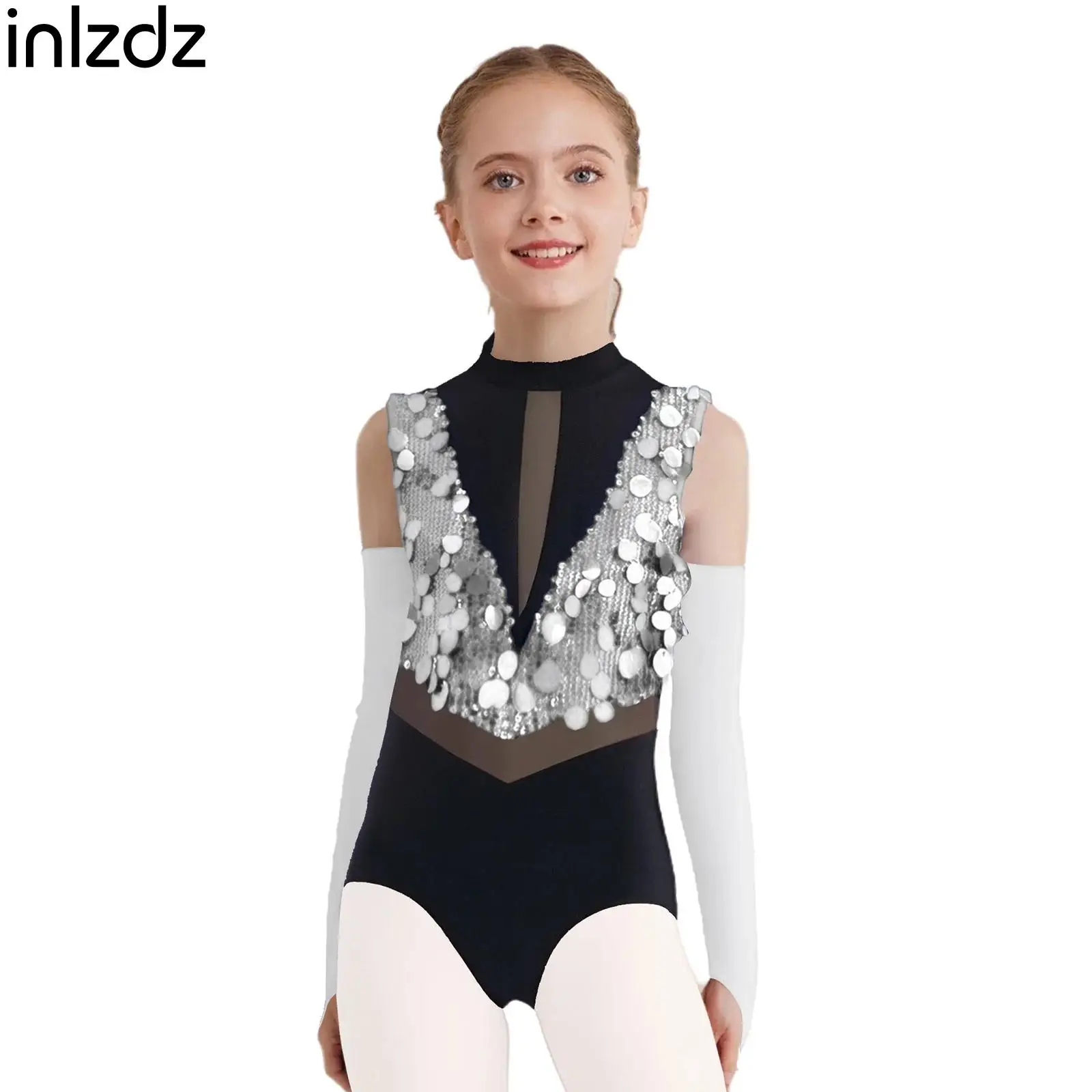 

Girls Sparkling Sequins Jazz Latin Dance Leotard Outfit Gymnastics Performance Outfit Sleeveless Leotard+Gloves Dancewear Sets