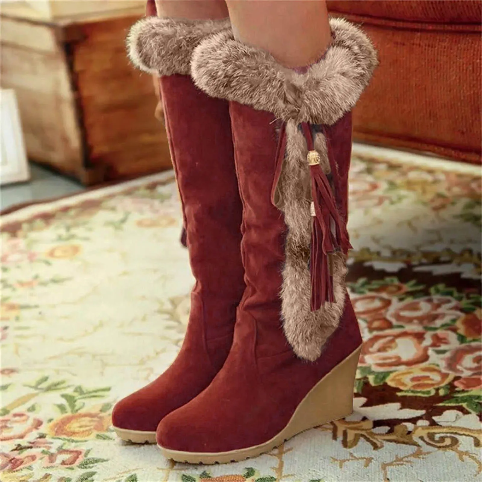 Wedge Boots Women\'s Shoes Platform Round Toe Plush Winter Footwear Booties Ladies Fashion Warm Knee High Booties 2023 New