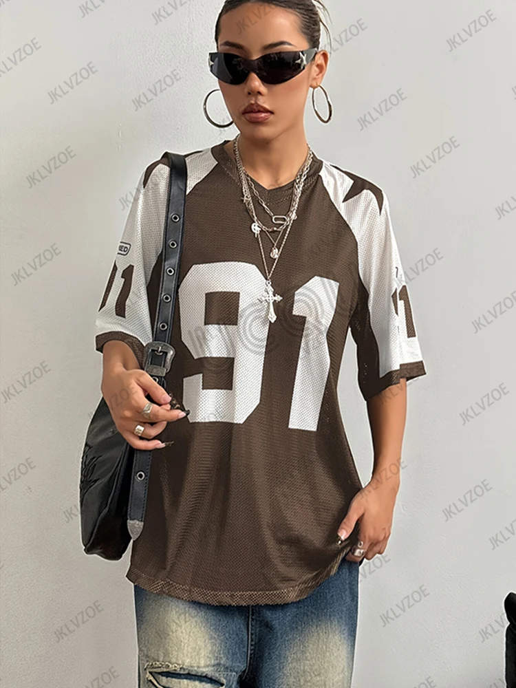 Oversized T-shirt For Women V-Neck Short Sleeve Summer Patchwork Speed 91 Printed Streetwear Tops Casual Football Jersey Y2k Tee