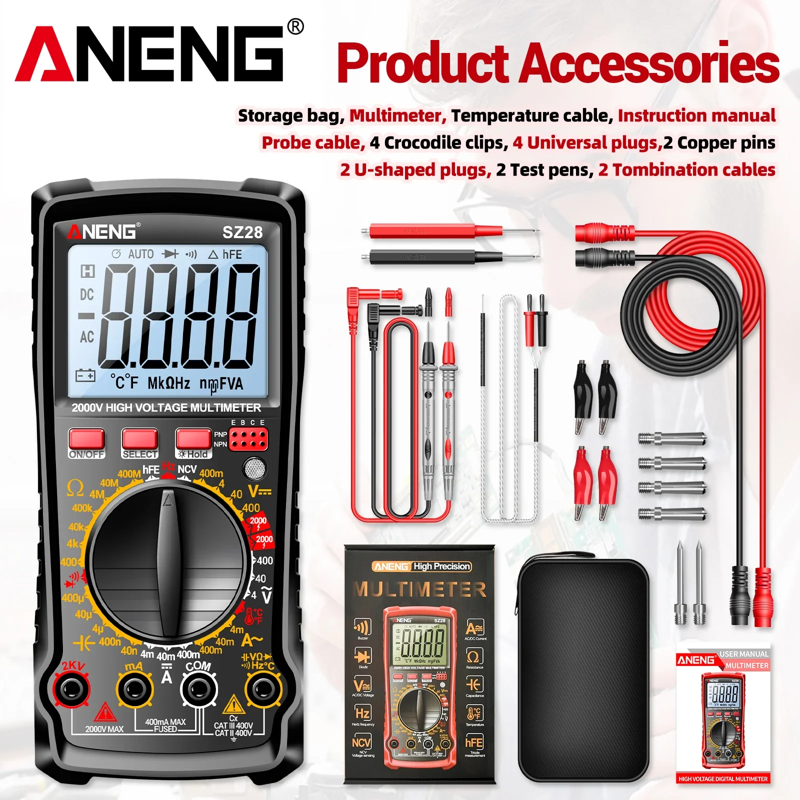 ANENG SZ28 Multi functional Multimeter 4000 Count AC/DC 2000V Voltage 400mA Current NCV Test Temperature Frequency Measurement
