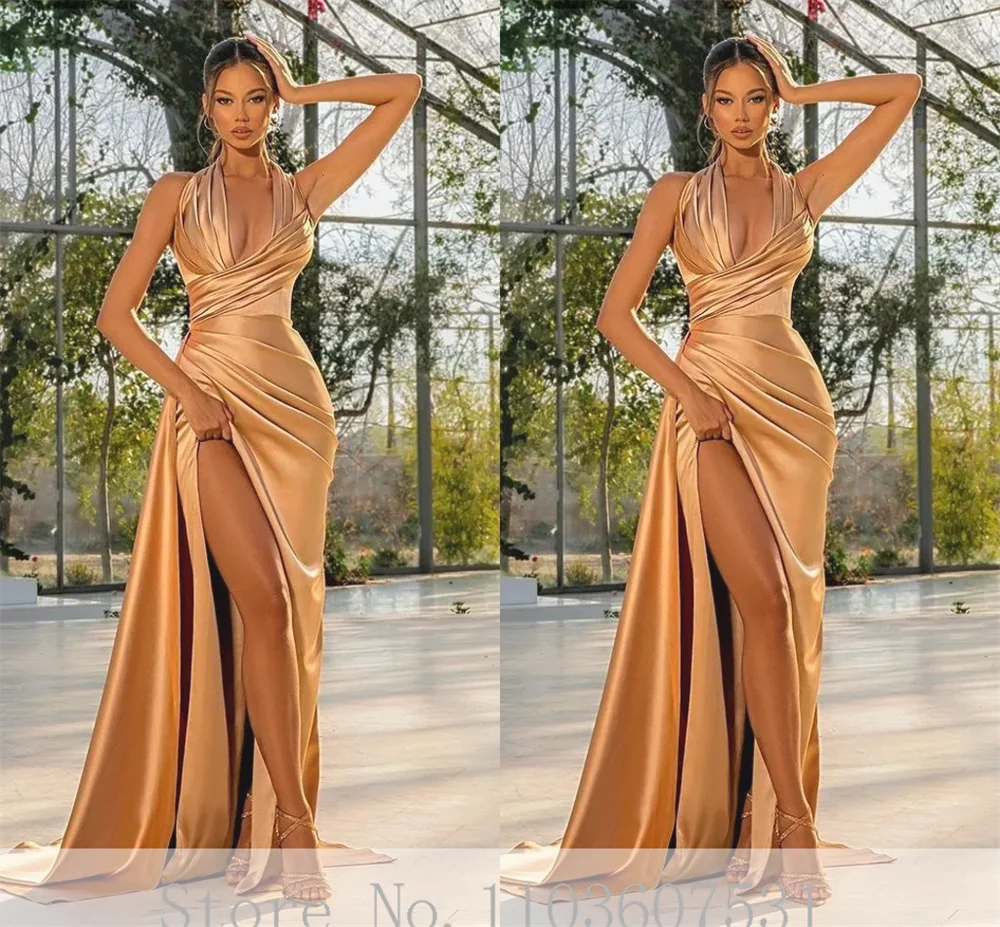 robes de soirée Halter Satin Pleated Evening Dress for Bridal Sexy Mermaid Court Backless Evening Party Gown with High Split