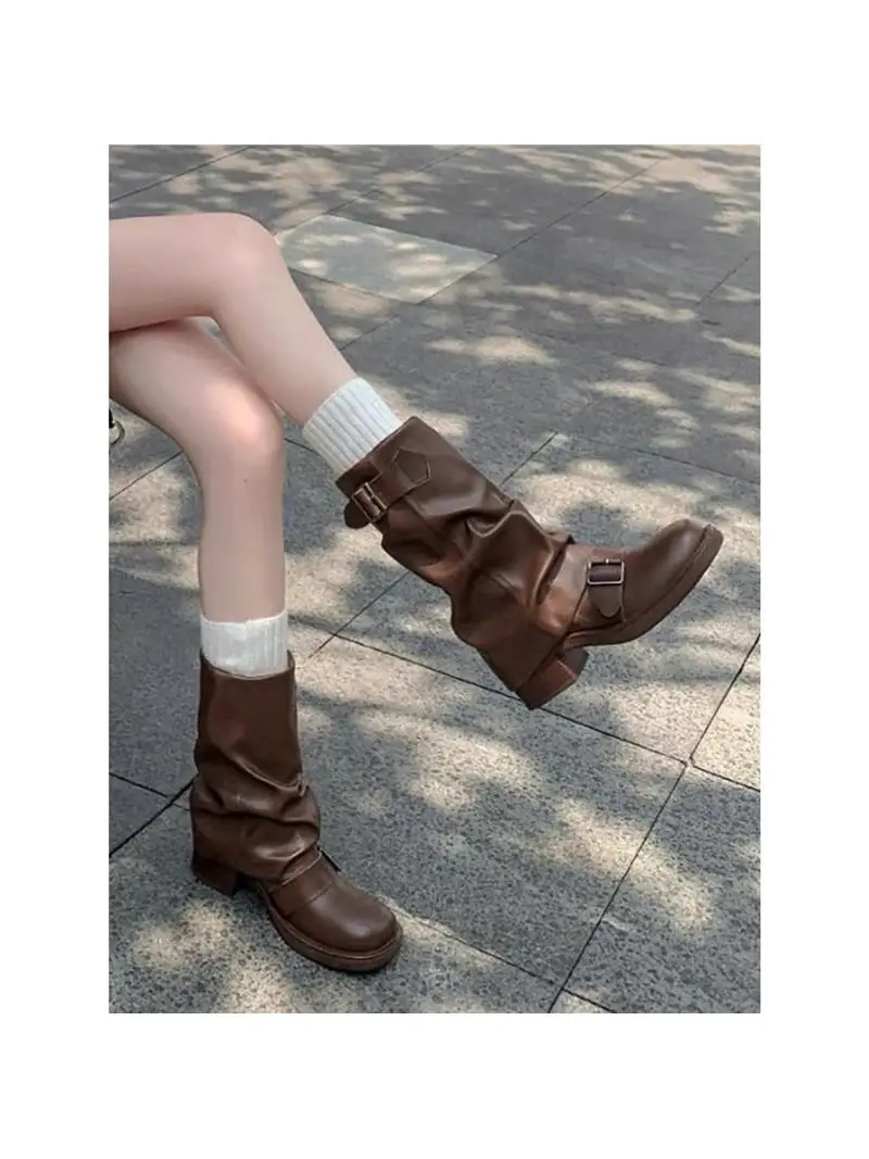 

Mialf Pantstyle Riding Boots with Belt round Head Folded Calf Mid-calf Knight Boots Fashionable Winter Rubber Outsole