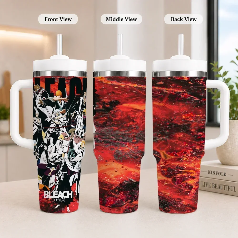 Anime B-Bleach Vacuum Flasks 40oz Leakproof Steel Tumbler w/ Lid Straw Handle Hot Cold Drinksorders for other colors will be shipped randomly in black or white