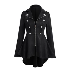 Dressfo 2024 Women's Gothic Coats Black Coat Solid Zipper Up Button Decor Turn Down Collar Long Sleeve Faux Suede Crop Coat