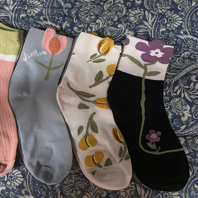 Calcetines bonitos florales para mujer, calcetines Harajuku con flores, calcetines informales transpirables para primavera y otoño para niña, vestido de verano a juego