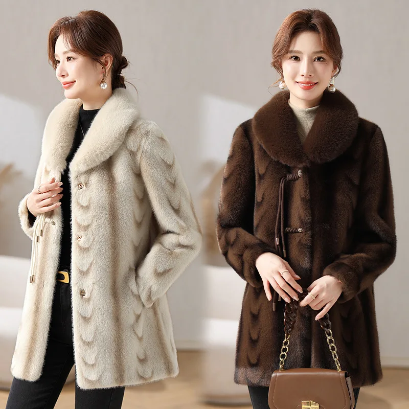 Women Imitation Mink Velvet Coat Mid Long Middle-aged Mother Clothes New Chinese Winter Fur Integrated Imitation Fur Coat Female