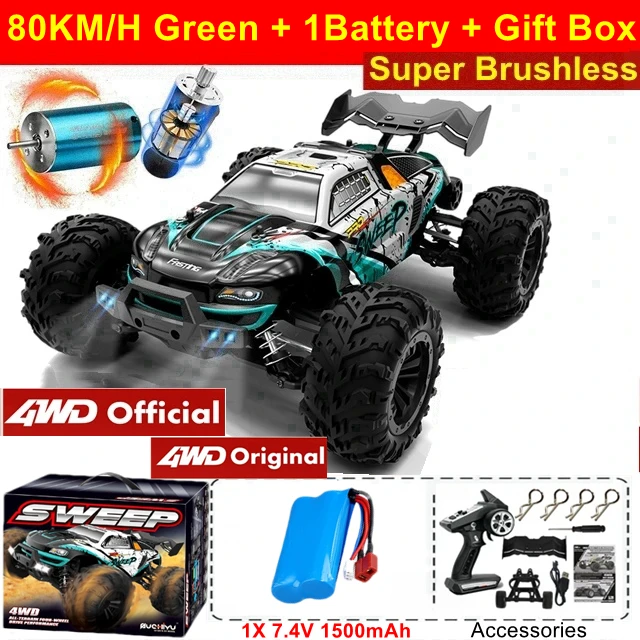 Super borstelloze 80 km of 50 km/u 4WD RC auto met LED-afstandsbediening auto's hoge snelheid drift racen 4x4 off-road vrachtwagen kind volwassen speelgoed